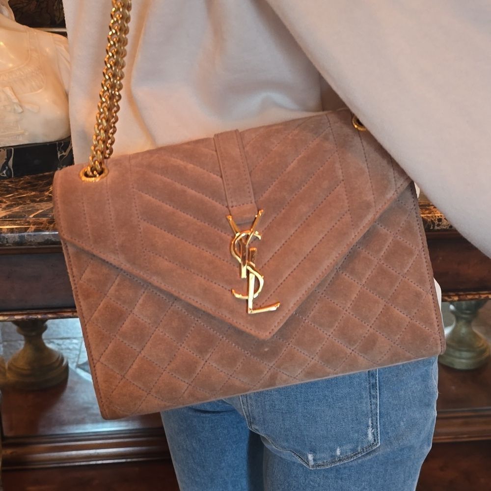 Yves Saint Laurent Tan  Quilted Suede Crossbody Envelope Bag, NWOT - Picture 13 of 16
